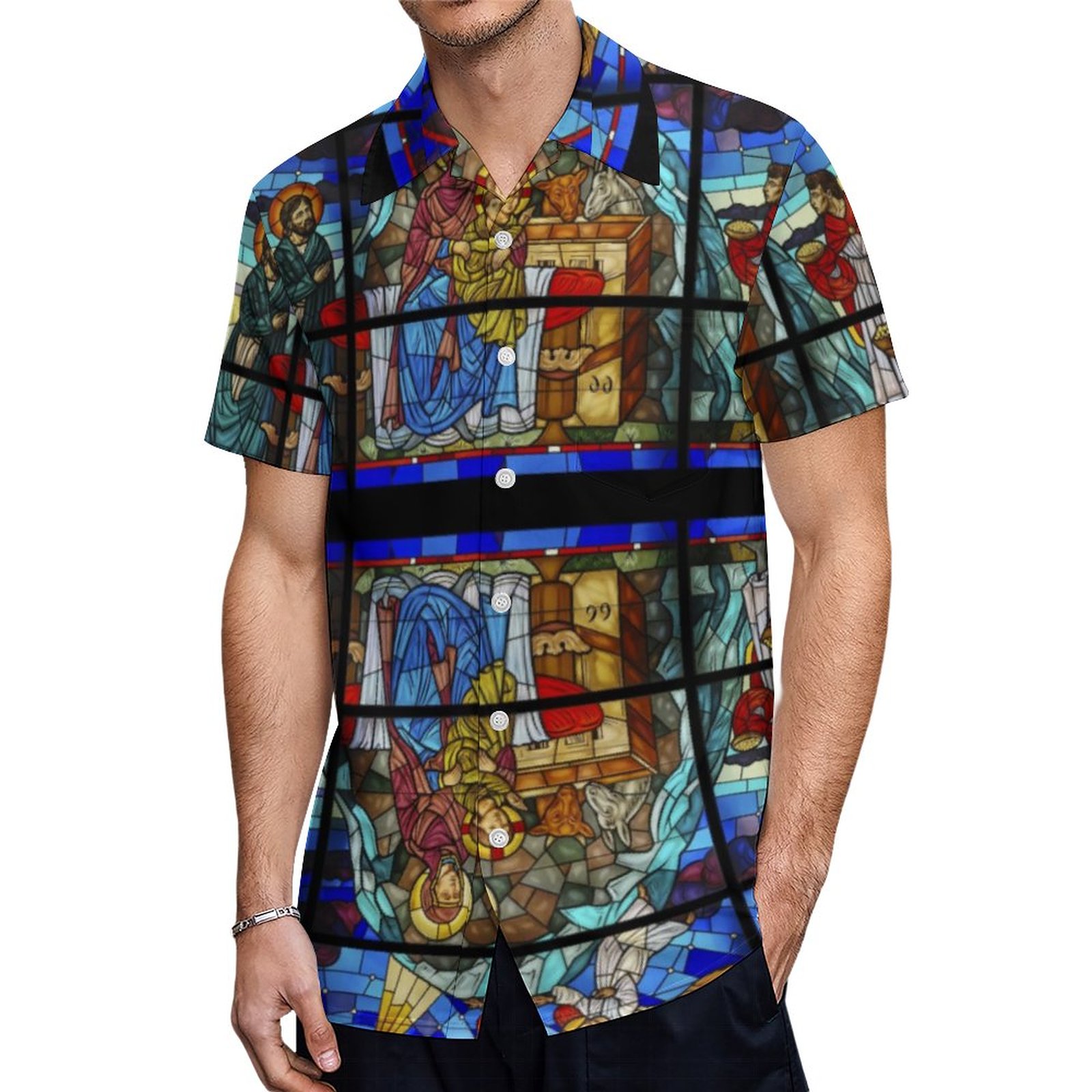 Stained Glass Bible Stories Hawaiian Shirt Mens Button Down Plus Size Tropical Hawaii Beach Shirts