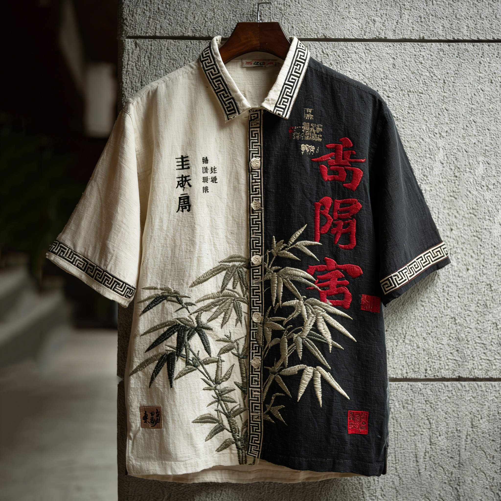 Men's Japanese Bamboo Art Color Blocked Design Short Sleeve Shirt elevenforest