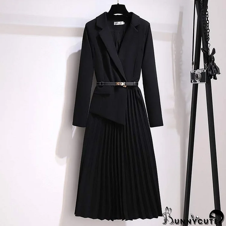 V-neck Adjustable Belt Suit Pleated Dress