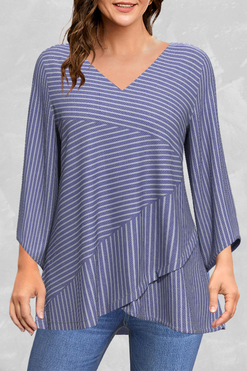 Flycurvy Plus Size Casual Blue Linen Striped Print V Neck Asymmetric Flare Sleeve Hem Blouse