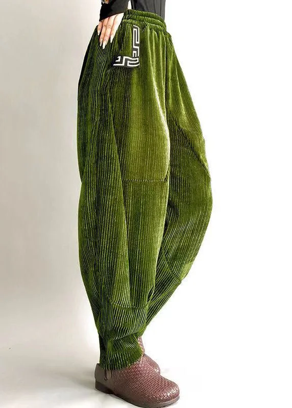 Loose Green Pockets Corduroy High Waist Warm Fleece Lantern Pants