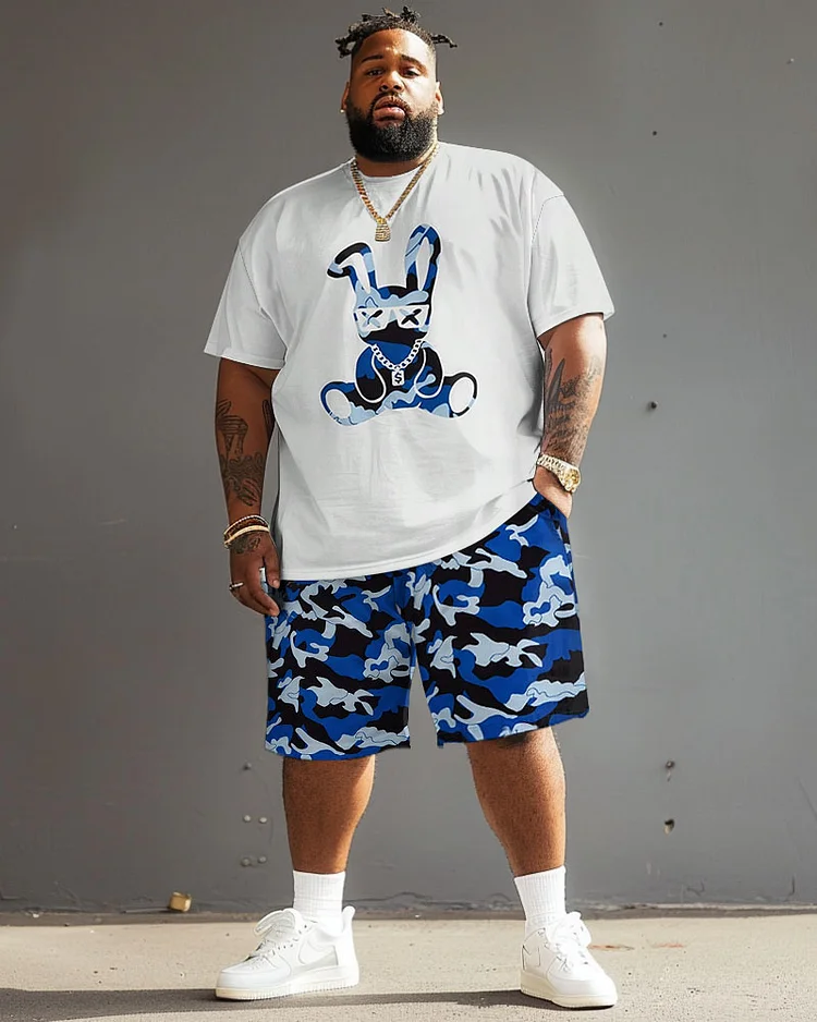 Men's Plus Size Street Casual Graffiti Rabbit Camo Print T-Shirt Shorts Suit