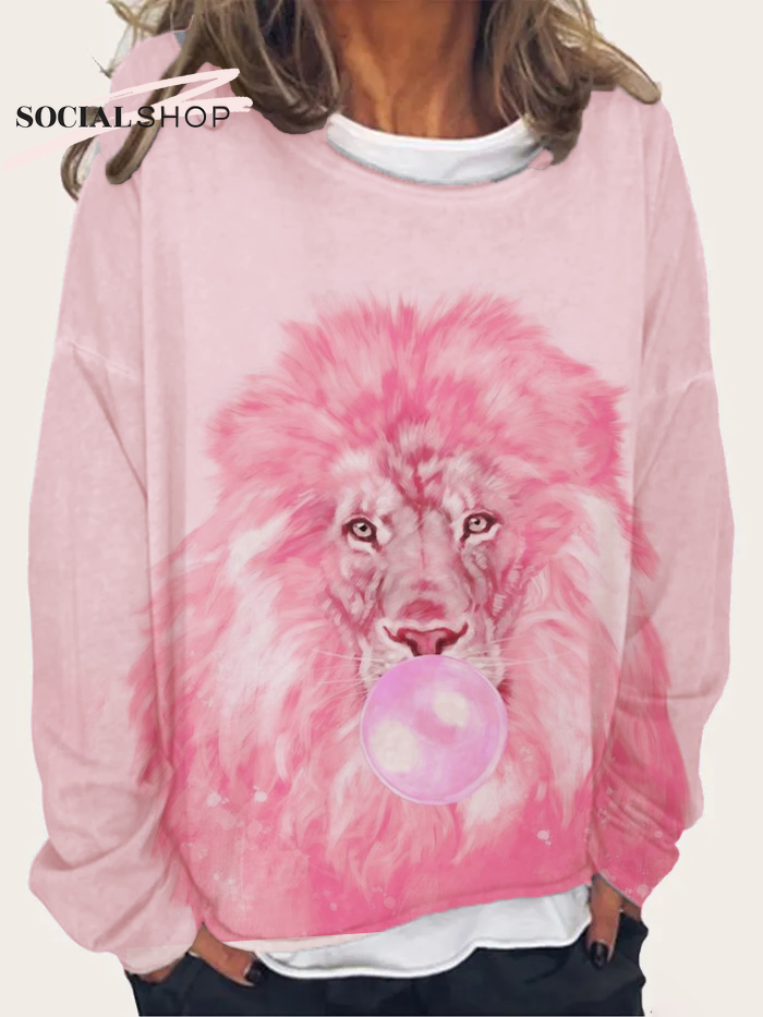 Pink Lion Art Print Round Neck Long Sleeve Loose Sweatshirt socialshop
