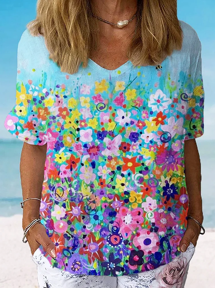 Women's Watercolor Flower Art Print Casual Cotton And Linen Shirt