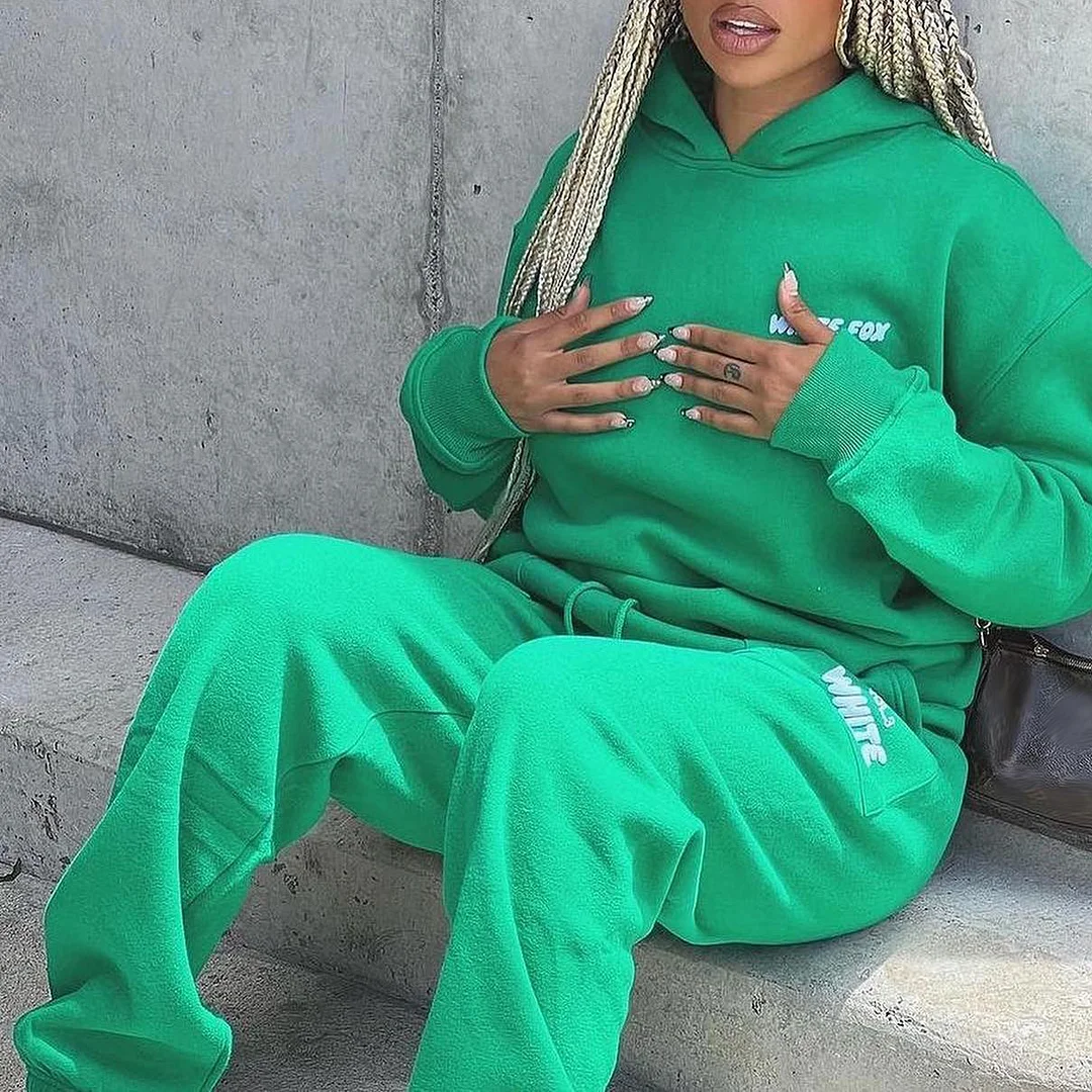 Fashion Sports LOGO Long Sleeve Pullover Hooded Sweatshirt Two Piece Set