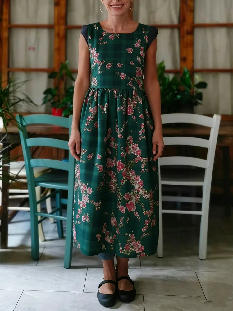 Plaid Floral Pattern Kitchen Apron