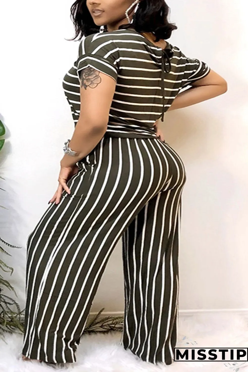 Light Blue Sexy O Neck Striped Print Stripe Plus Size
