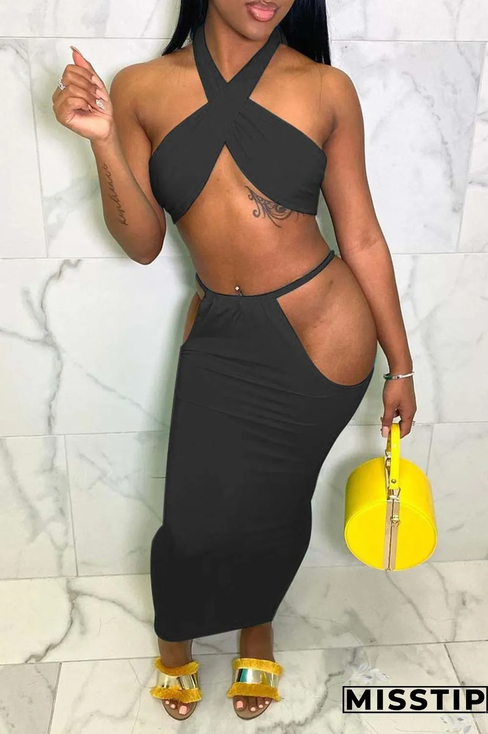 Blue Sexy Solid Hollowed Out Backless Halter Sleeveless Two Pieces