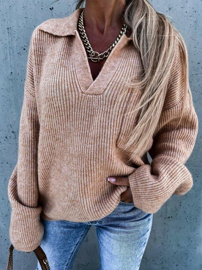 Casual Long Sleeve V-Neck Sweater | EGEMISS
