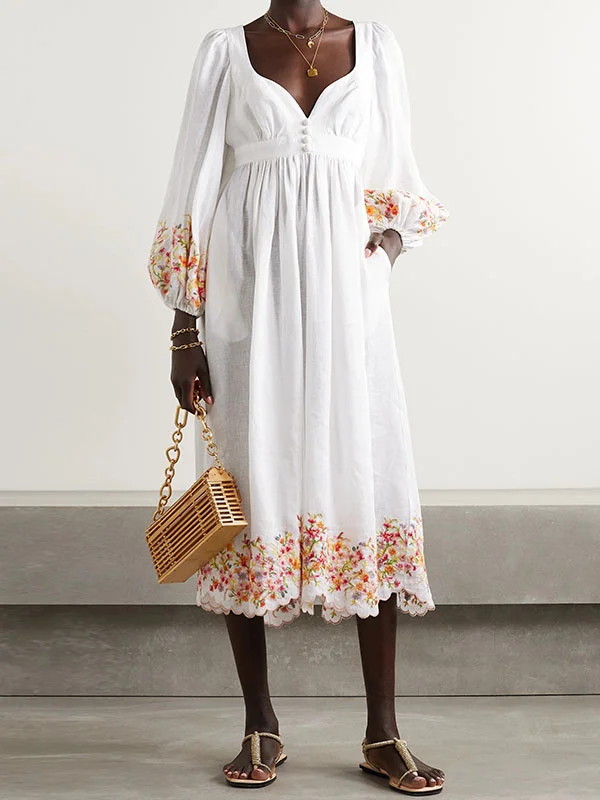 Scallop side embroidery linen women's dress