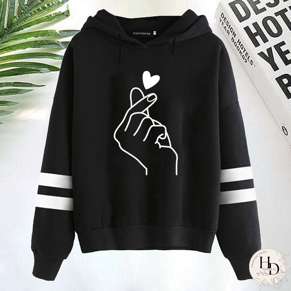 Fashion Love Gesture Style Hoodies Pullover Women Printed Casual Sport Outdoor Pocket Long Sleeve Hooded Sweatshirts Coat