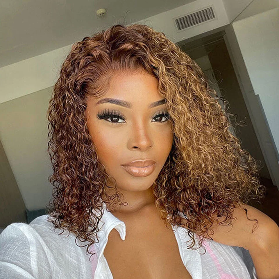 Mix Color Brown Short Curly Bob Glueless Highlight 13×4 Lace Front Wig