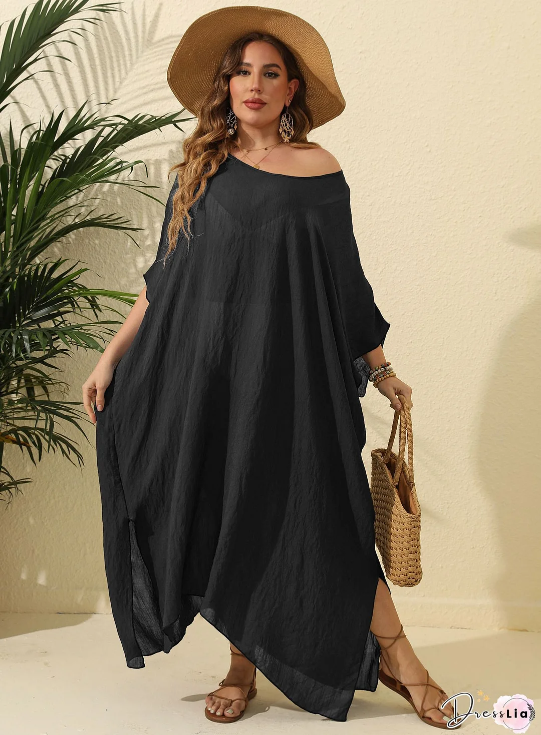 Sexy Sloping Shoulder Solid Color Slit Long Dress P14690