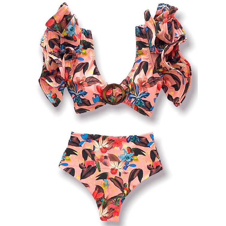 Flaxmaker V Neck Ruffle Printed Sexy Bikini Swimsuit