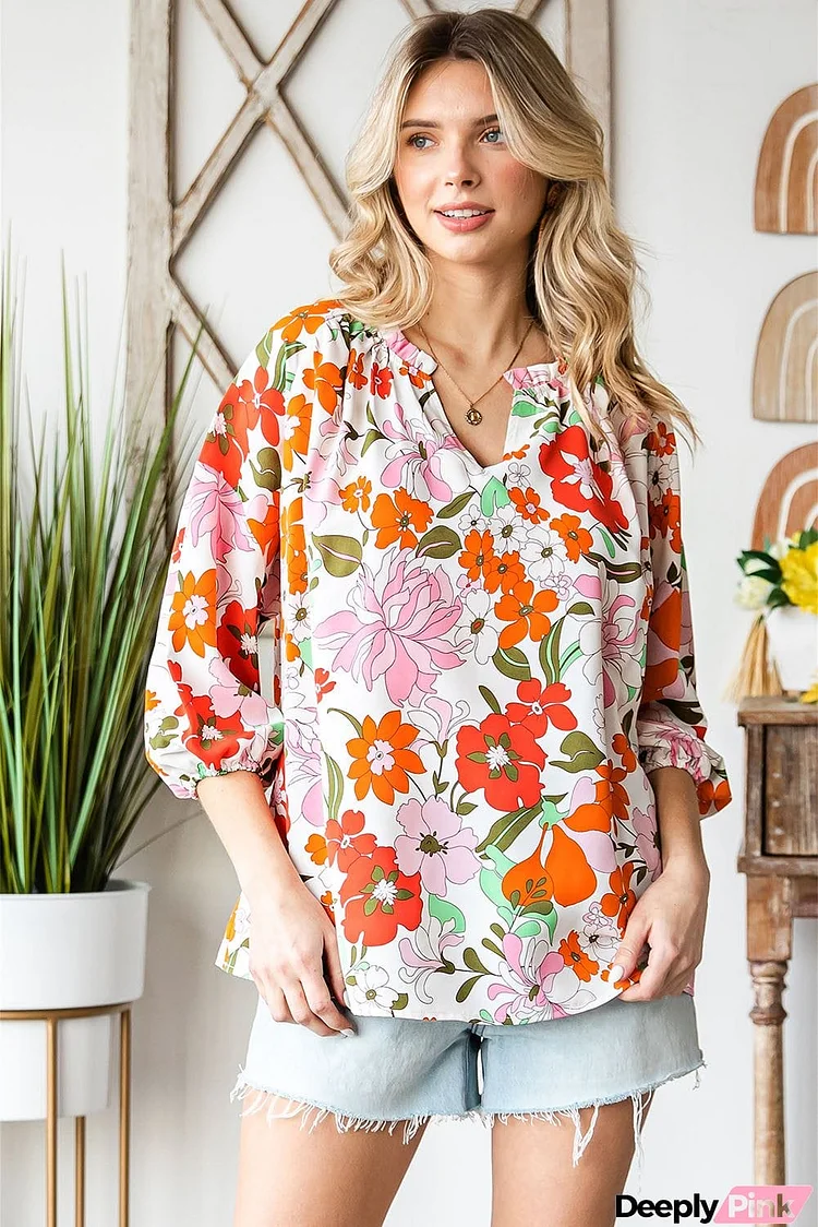 Floral Notched Neck Balloon Sleeve Blouse