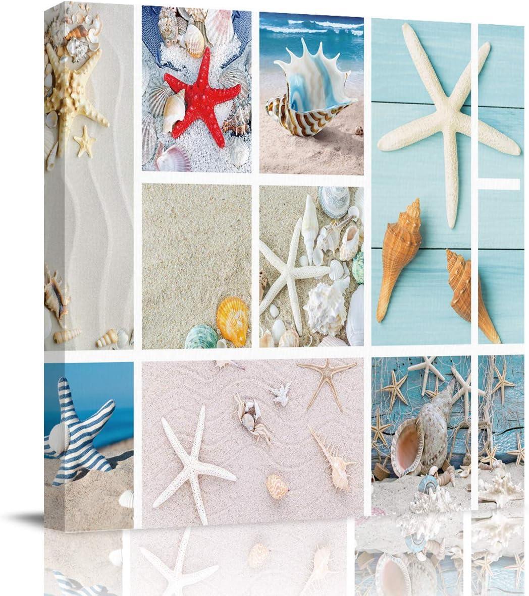 Canvas Wall Art for Living Room Beach Shells Starfish Plaid Picture Framed Wall Decor Picture Painting Prints for Holiday Bedroom Bathroom Framhouse Office Kitchen Home Decoration, 8 inch x8 inch  8 x 8 in