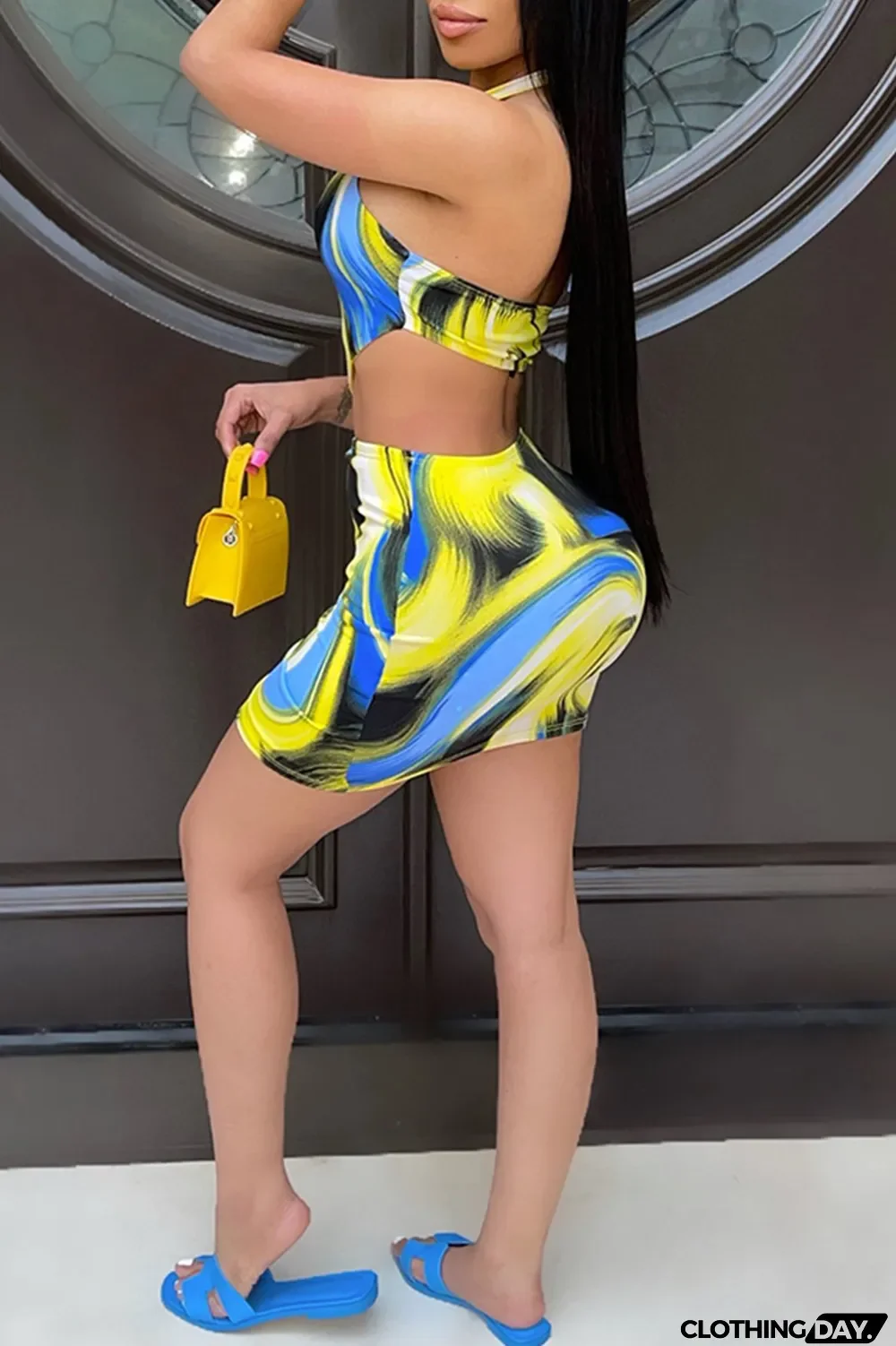 Rose Red Fashion Sexy Print Hollowed Out Backless Halter Sleeveless Dress