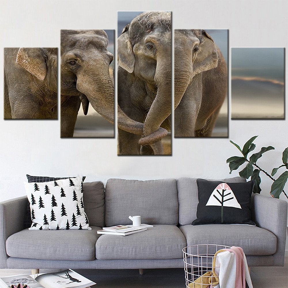 5 Panel Printed Painting on Canvas Elephants with Intertwined Trunks Picture Modular Wall Art Canvas Framed Home Decor Poster