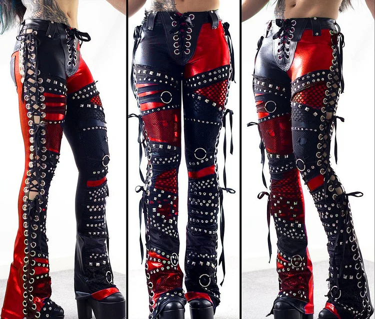 BLACK/RED LACE UP BOOTCUT PANTS