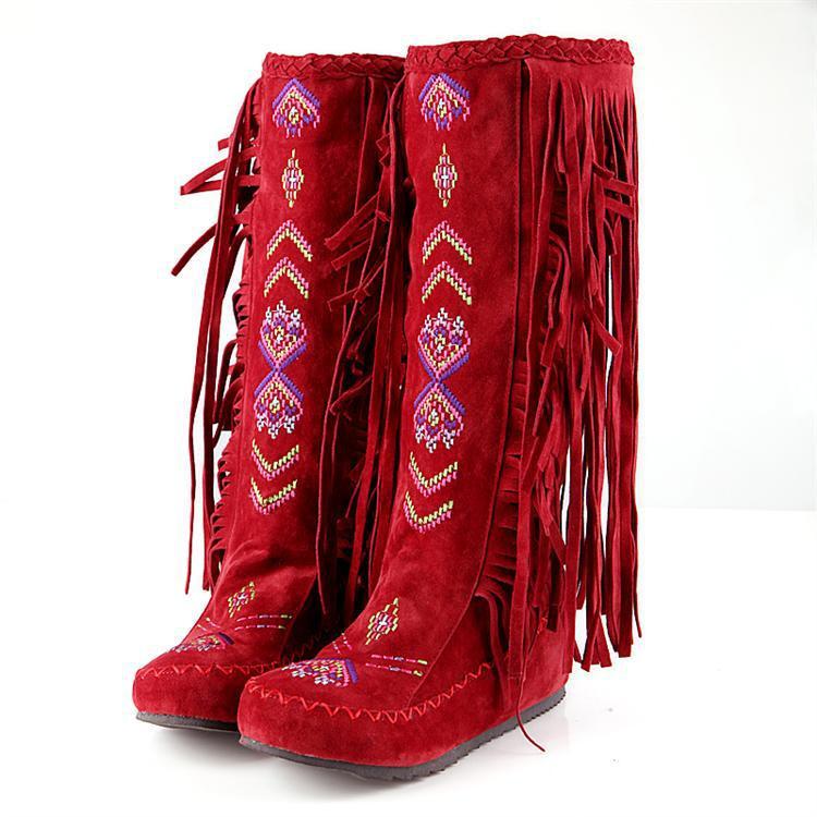 VCSHOES Increased Bohemia Style Embroidery Leisure Tassel Boots