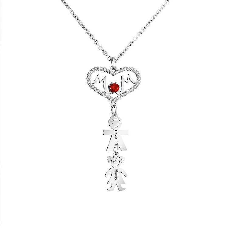 Mom Heart Personalized Necklace with Kids Charms Engraved Names