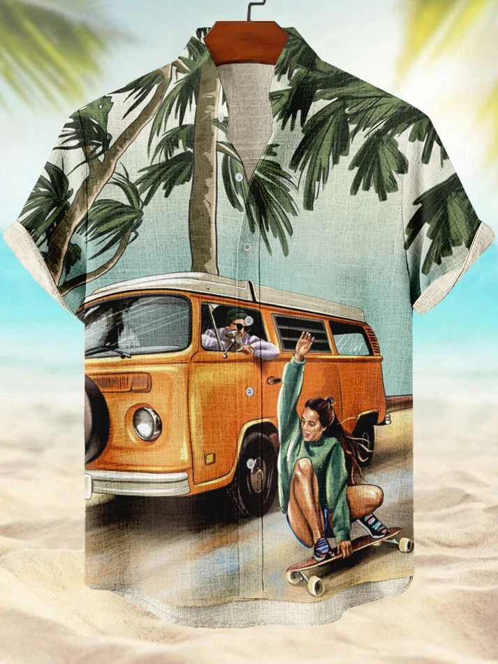 Men's Hawaii Beach Bus Skateboard Vacation Art Print Casual Shirt