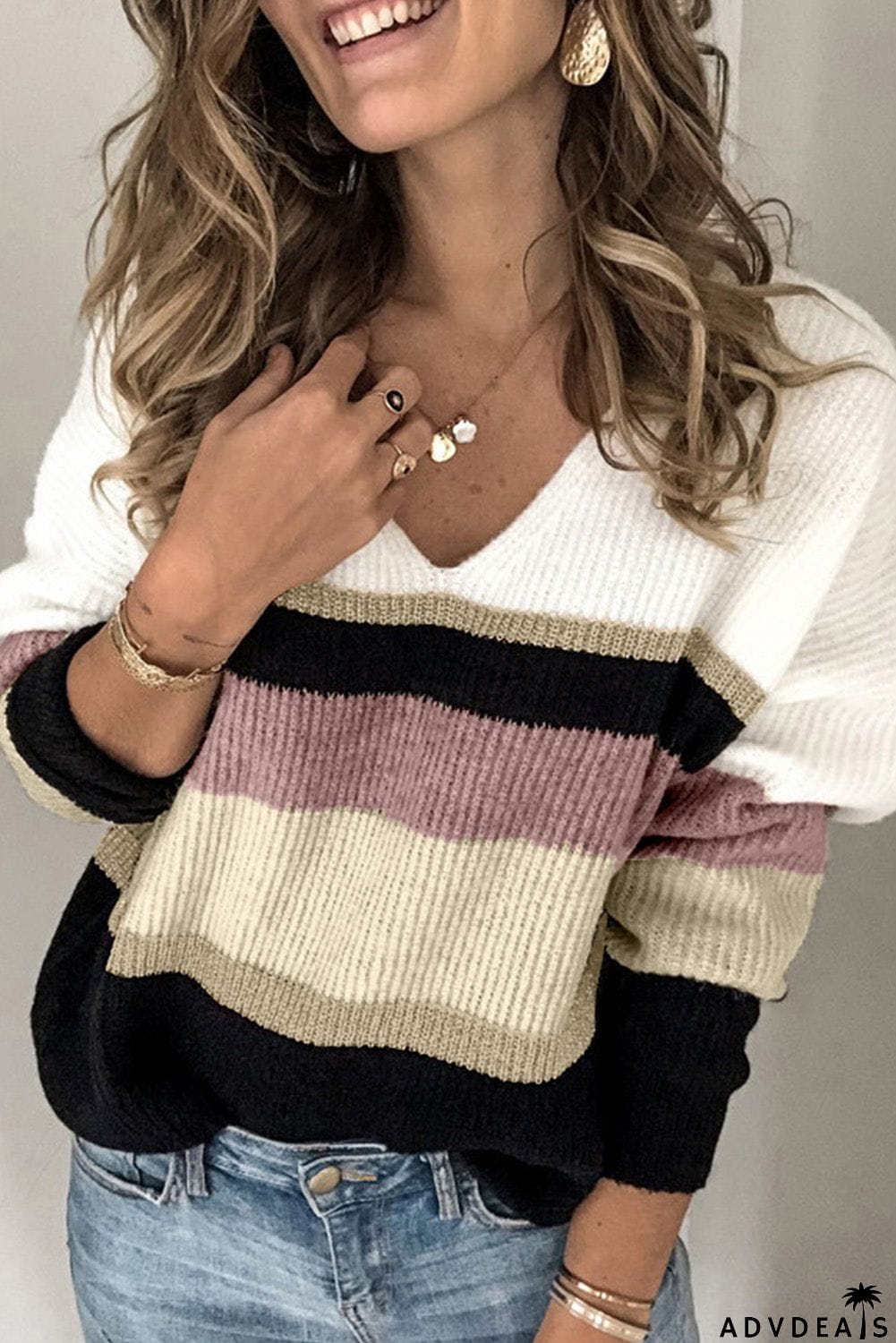 Khaki Casual Color-Block Striped Long Sleeve V Neck Sweater