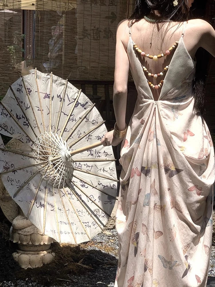 Aiertu Vintage Sexy Print Midi Dress Women Backless Casual A-line Strap Dress Evening Party Clothing Korean Fashion Elegant Summer 2024 Aiertu