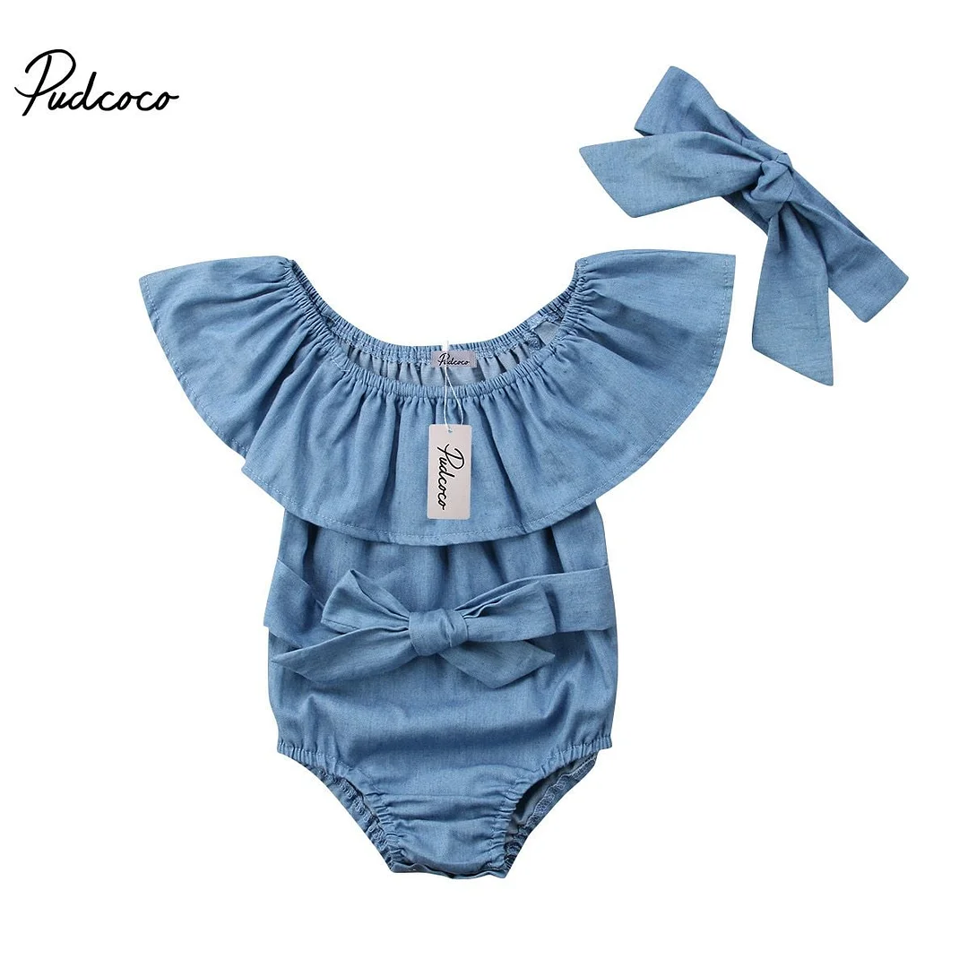 2018 Brand New Summer Toddler Baby Girls Romper 2PCS Off Shoulder Petal Sleeve Solid Blue Sashes Bowknot Jumpsuit Headband 0-24M