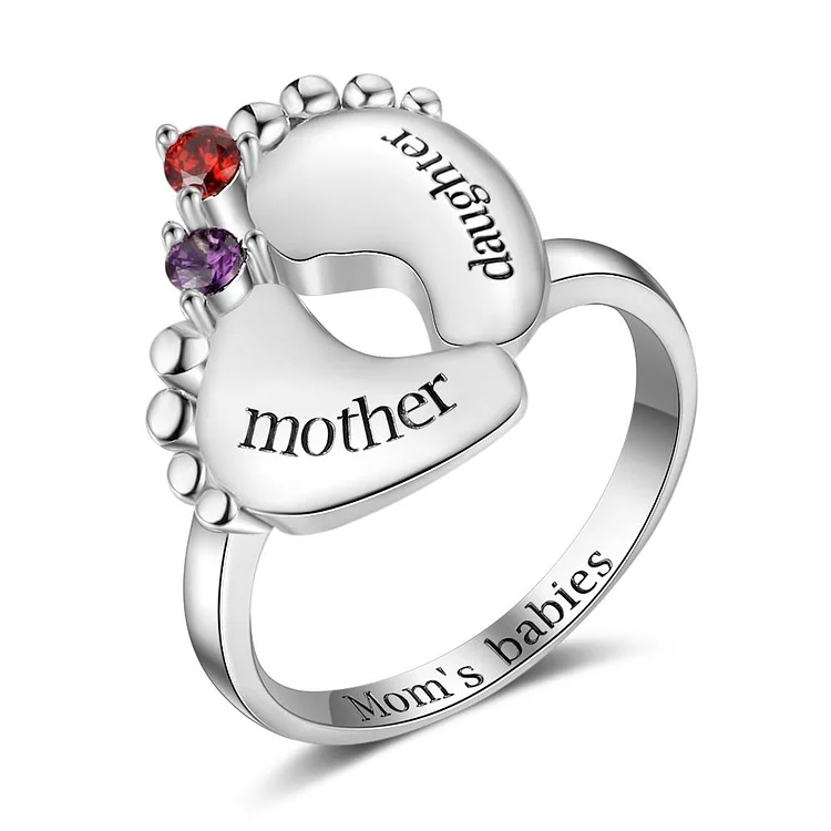 Baby Feet Ring with 2 Birthstones Mothers Ring Engraved 2 Names