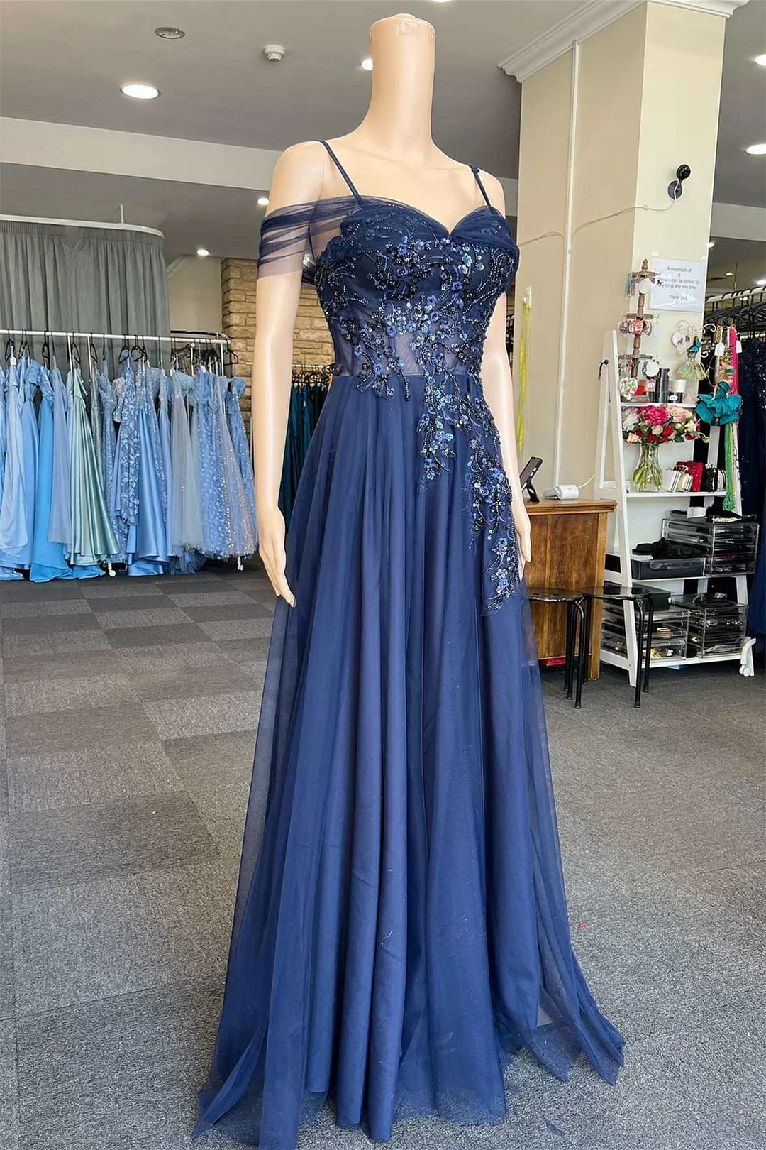 Bellasprom Dark Navy Spaghetti-Straps Off-The-Shoulder Sweetheart A-Line Prom Dress With Appliques