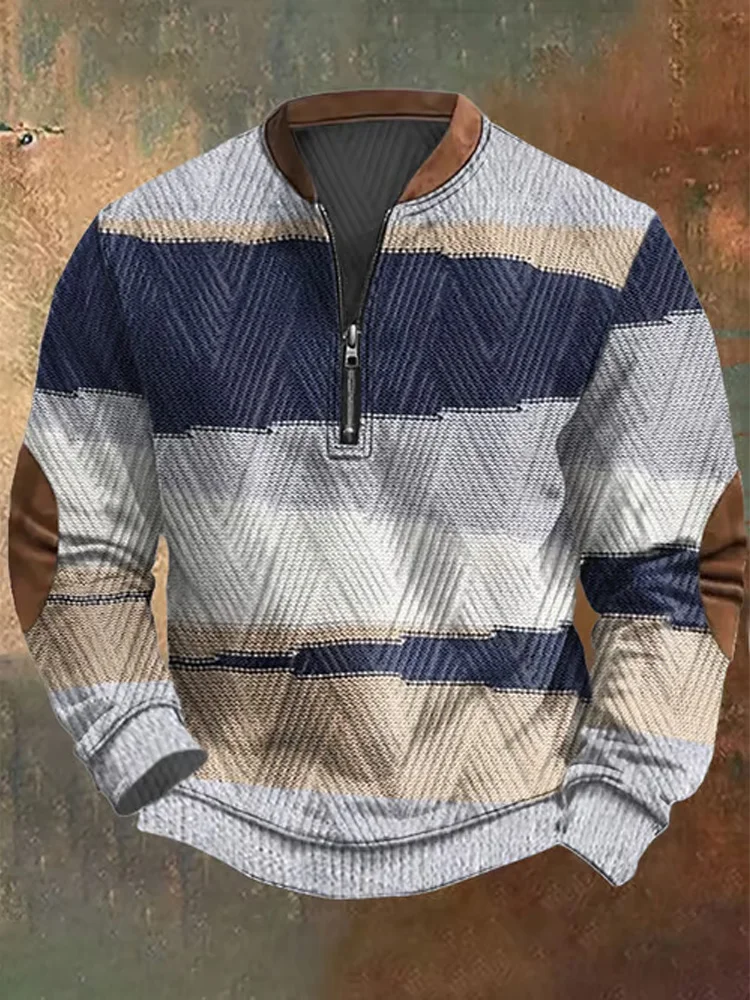 Utbros Men's Retro Western Design Jacquard Fabric Zipper Neck Sweatshirt