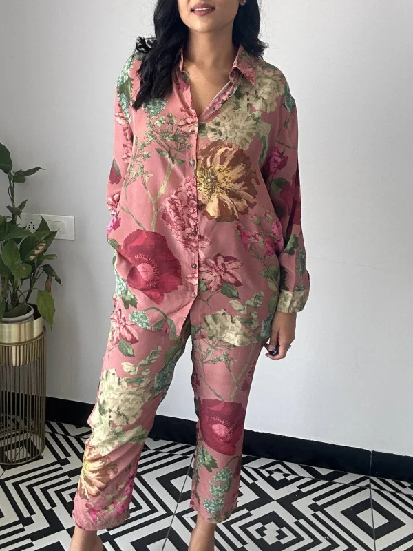 Lapel Long Sleeves Buttoned Flower Print Shirts Top + Ninth Pants Pants Bottom Two Pieces Set