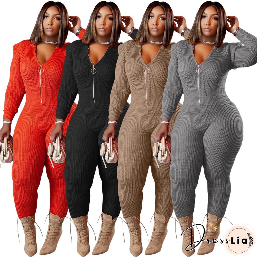 Knitted Long Sleeve Shoulder Padded Hooded Jumpsuit