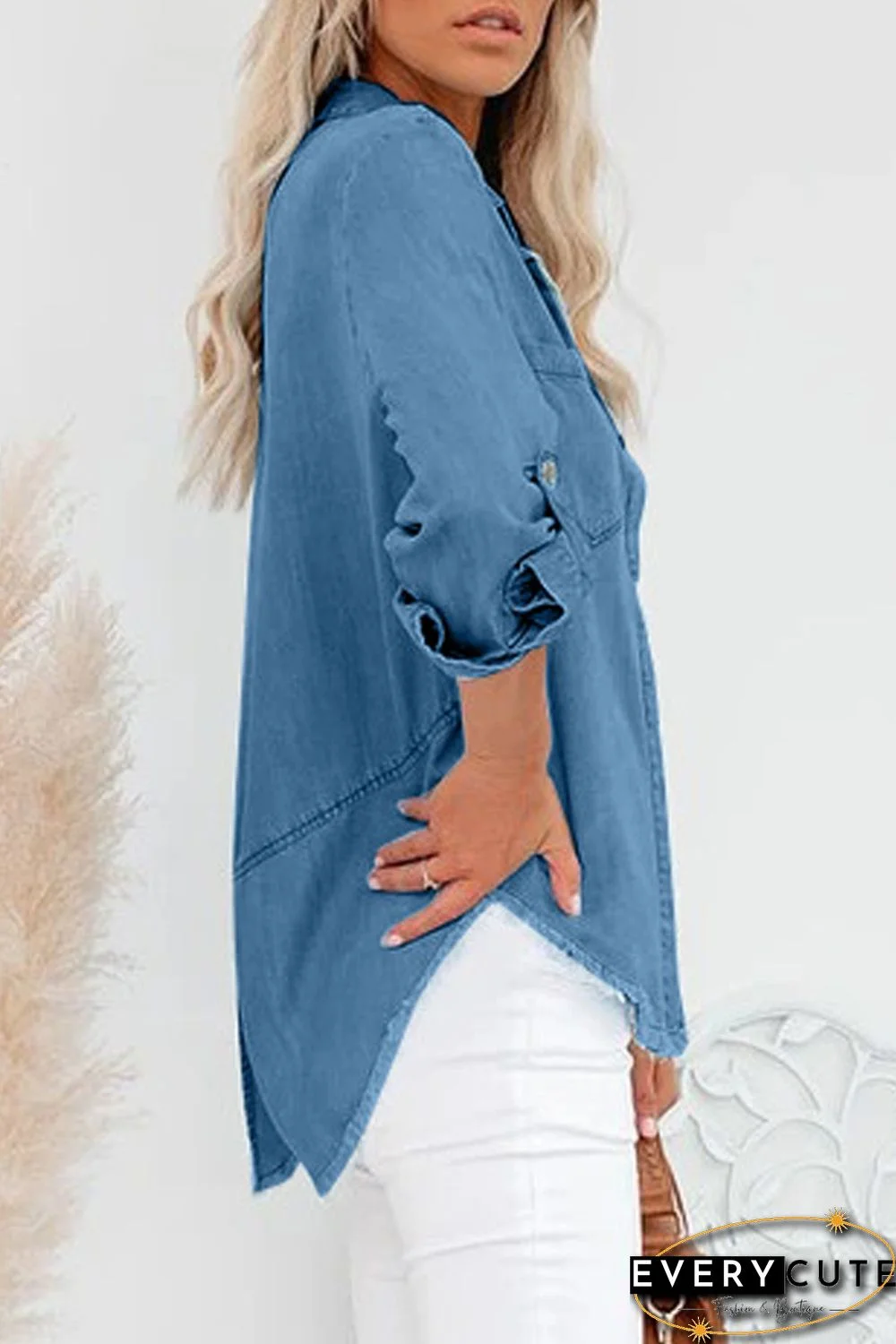 Roll up Long Sleeves Frayed Hem Denim Shirt