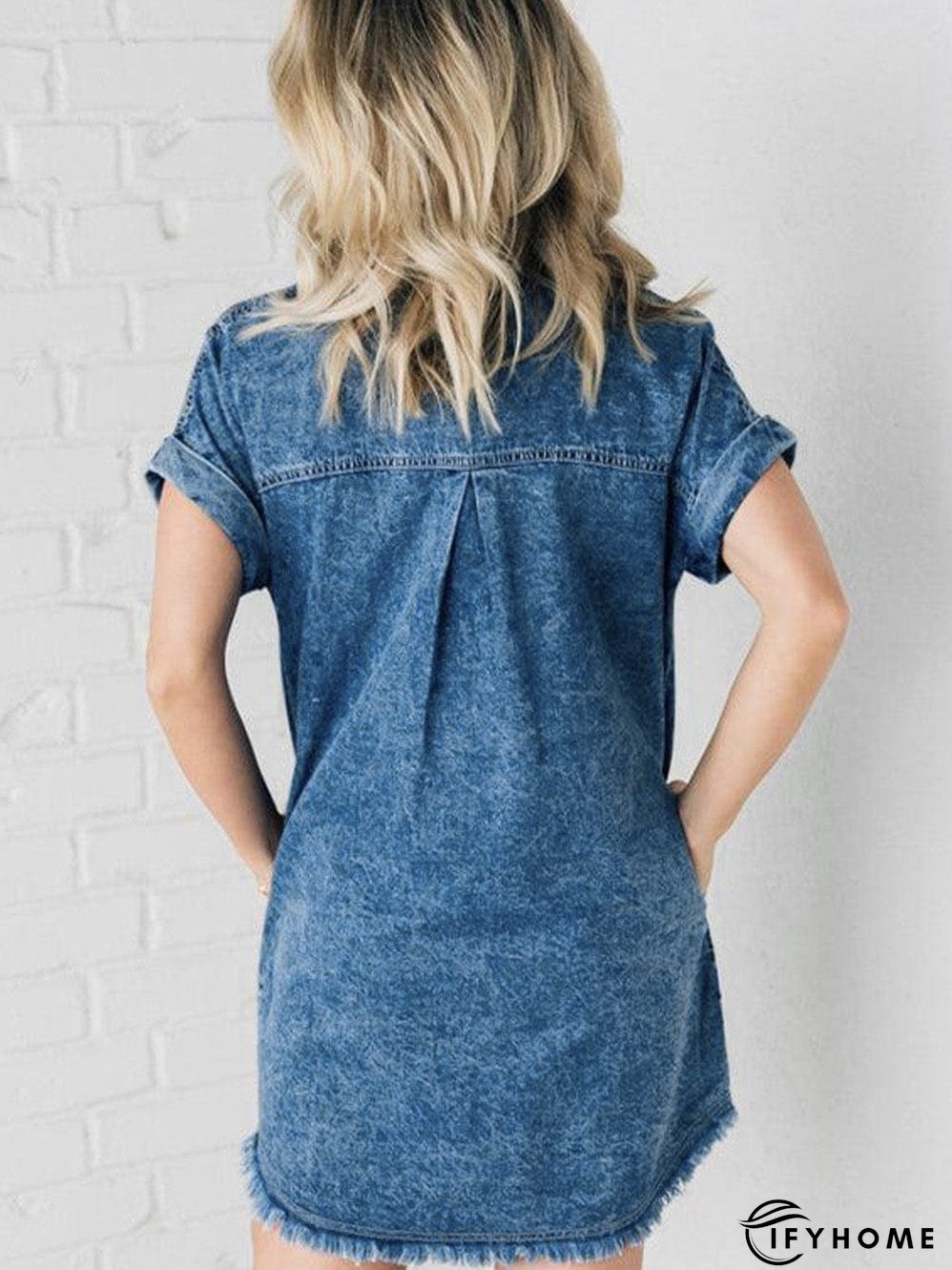 Blue Mineral Wash Denim Shirt Dress with Cuffed Sleeves | IFYHOME