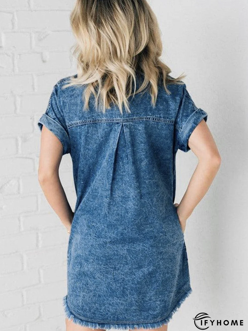 Blue Mineral Wash Denim Shirt Dress with Cuffed Sleeves | IFYHOME