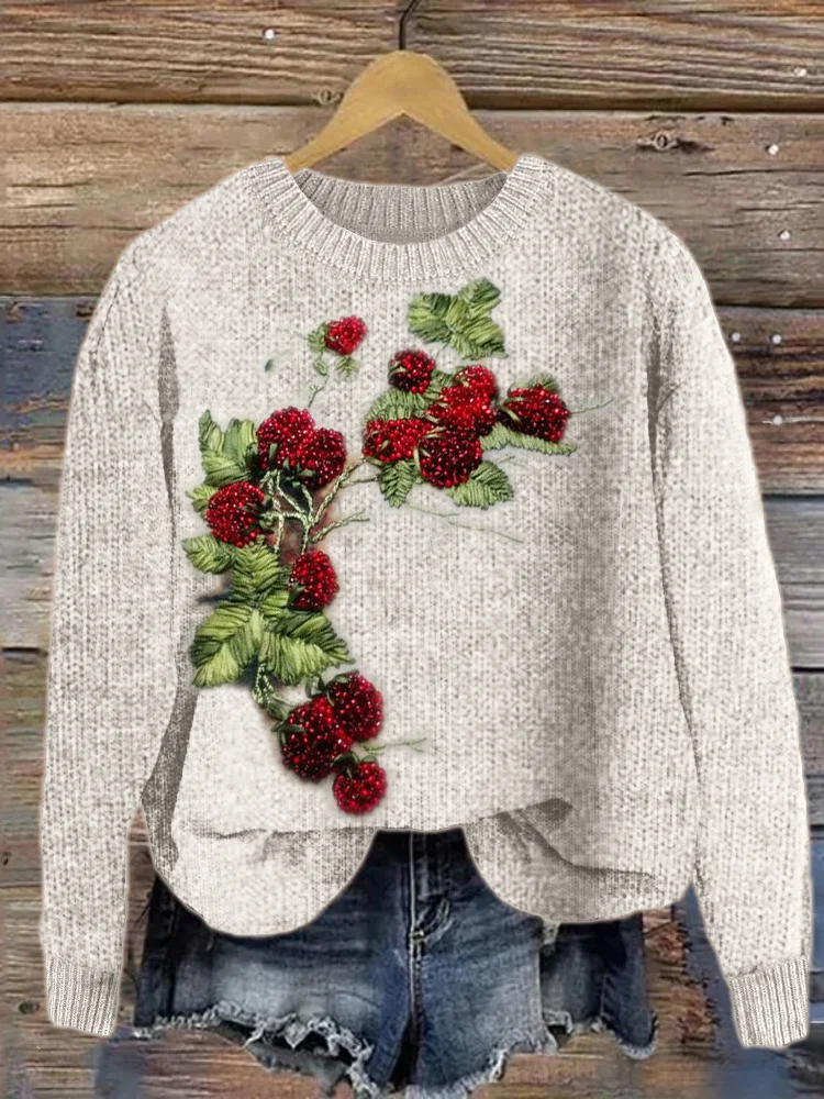 VChics Raspberry Beaded Embroidery Art Cozy Knit Sweater
