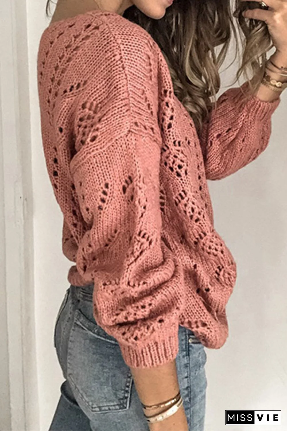 Casual Solid Hollowed Out Buckle V Neck Tops(4 Colors)