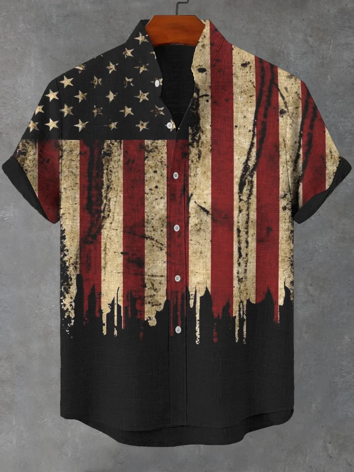 Men's Independence Day Flag Print Linen Blend Shirt
