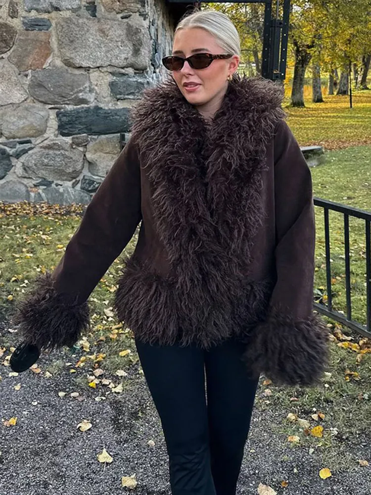 Giftitrends Vintage Tassel Faux Fur Women Coat Lapel Full Sleeve Female Jacket 2025 Fashion Autumn Highstreet Patchwork Thick Lady Outwear