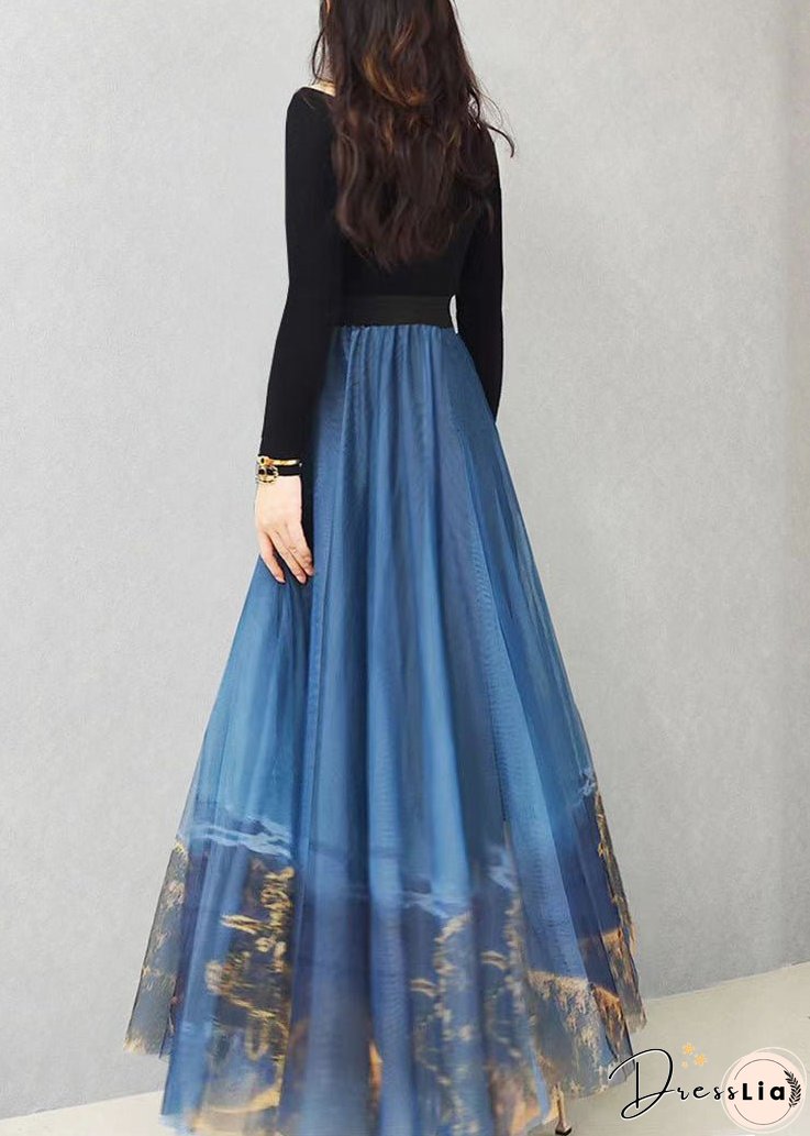 Italian Blue Print Exra Large Hem Loose Tulle Skirt Spring