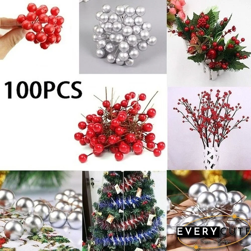 100Pcs Artificial Red Holly Berry Christmas Decor On Wire Bundle Garland Wreath