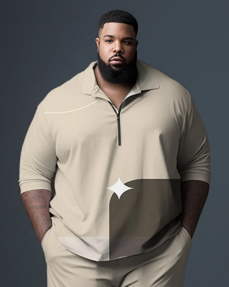 Men's Plus Size Gentleman's Apricot Graphic Polo Zip Shirt and Pants Two-Piece Set