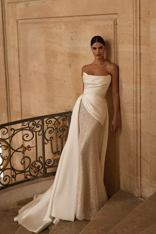 Sequins Detachable Strapless Cream-colored Long Wedding Dress ZT0573