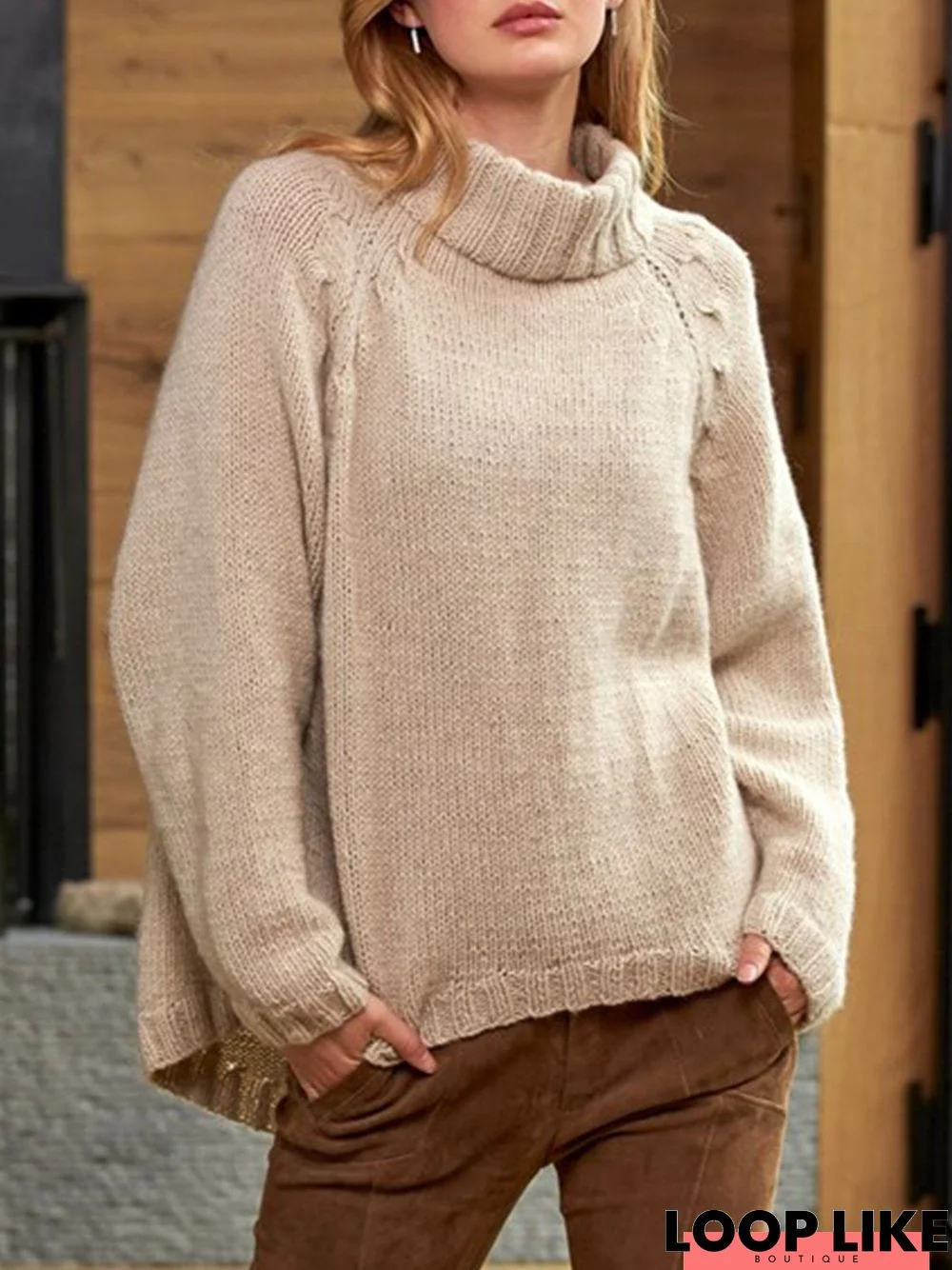 Beige Solid Knitted Turtleneck Casual Plus Size Sweater