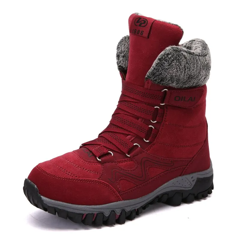 Brand Women Winter Snow Boots Fur Women Waterproof Ankle Boots Slip on Warm Plush Boots Wedge Lace-Up High Quality Suede Shoes
