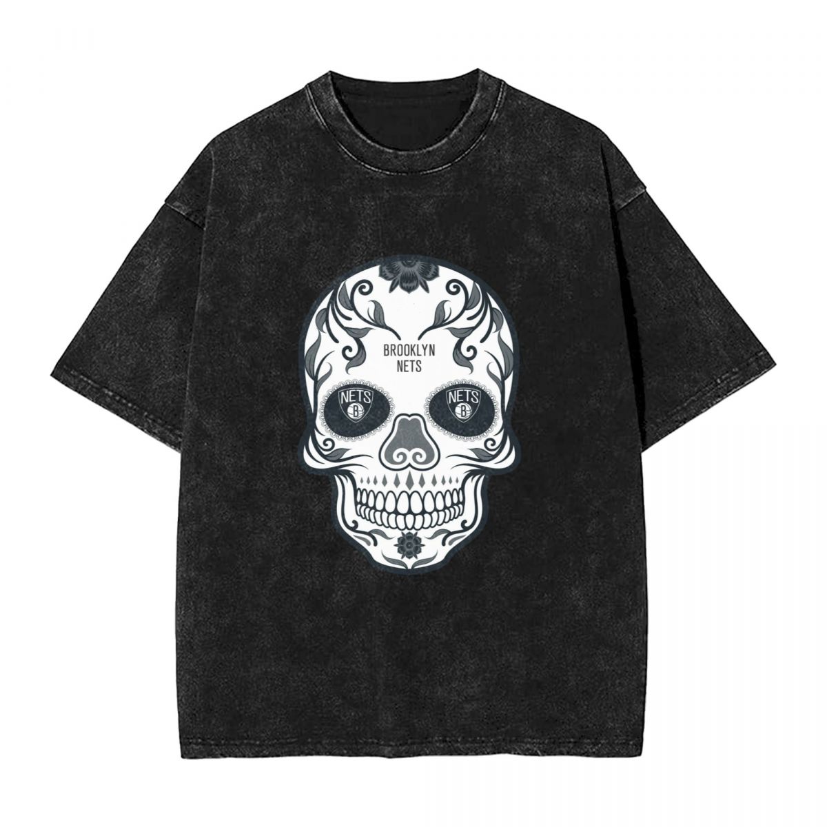 Brooklyn Nets Skull Washed Oversized Vintage Men's T-Shirt