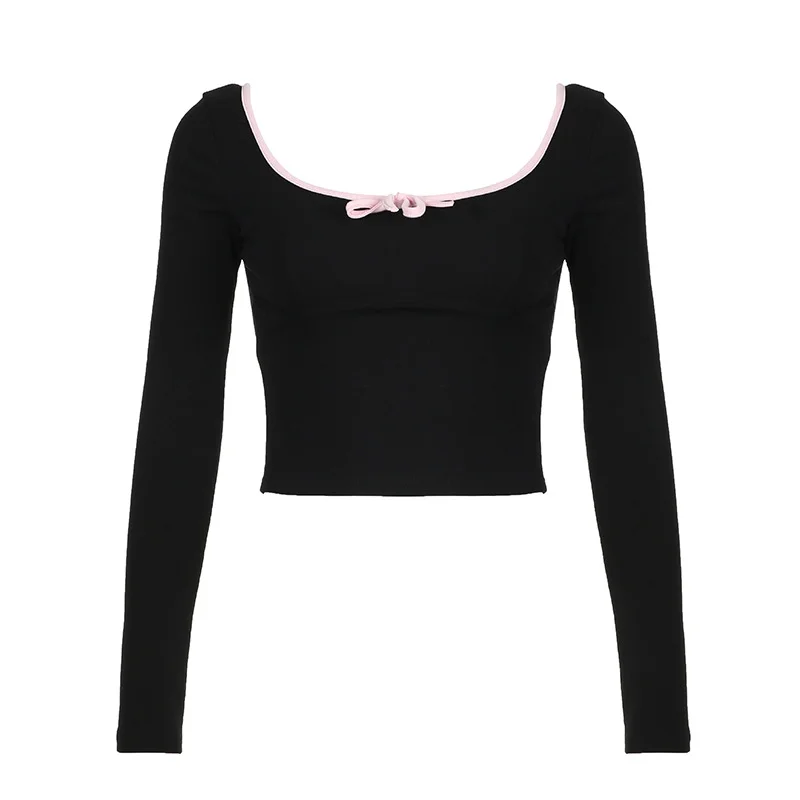 Ueong Bowknot Splicing Colour Knitting Skinny Blouse Woman 2024 Sweet Spice Girl French Ballet Style Slim Hollow T-Shirt