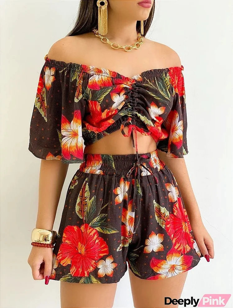 Women Fashion Sexy Off Shoulder Floral Graphic Printing Short Sleeve Drawstring Top Shorts Two-Piece Set